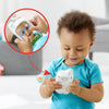 Child holding a toy device with a close-up inset showing interaction details.