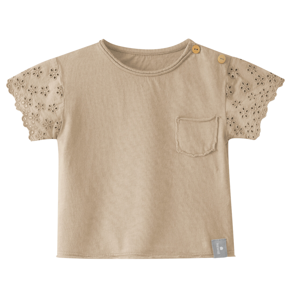 Snug (Portugal) - Embroidered Sleeve Tee - Taupe-Short Sleeves-12-18M-Posh Baby