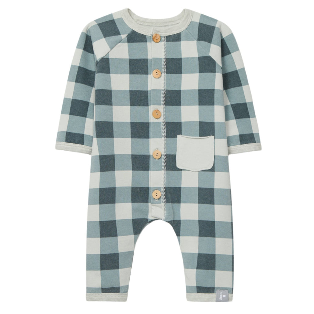 Snug (Portugal) - Organic Button-Up Romper - Petrol Plaid-Footies + Rompers (Fashion)-1M-Posh Baby