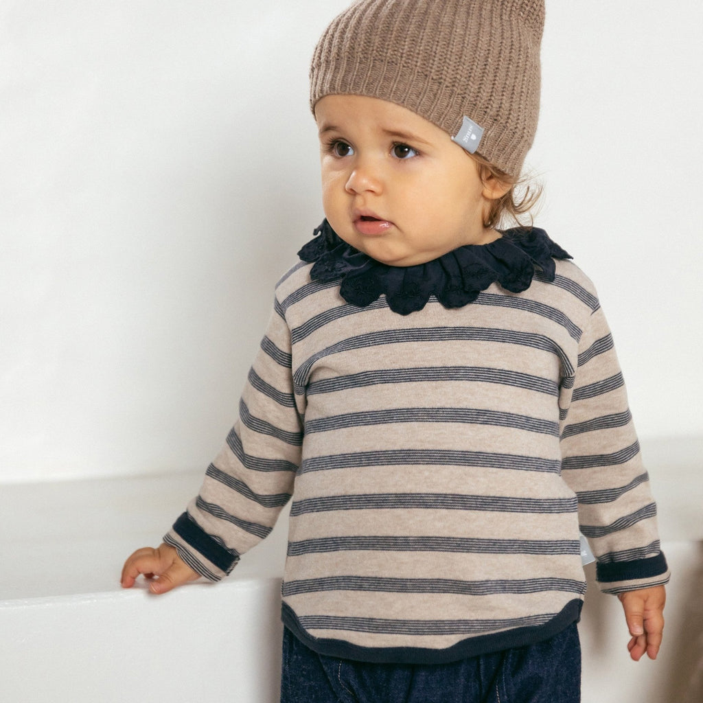 Snug (Portugal) - Ruffle Collar Top - Navy Stripe-Long Sleeves-0-3M (3M)-Posh Baby