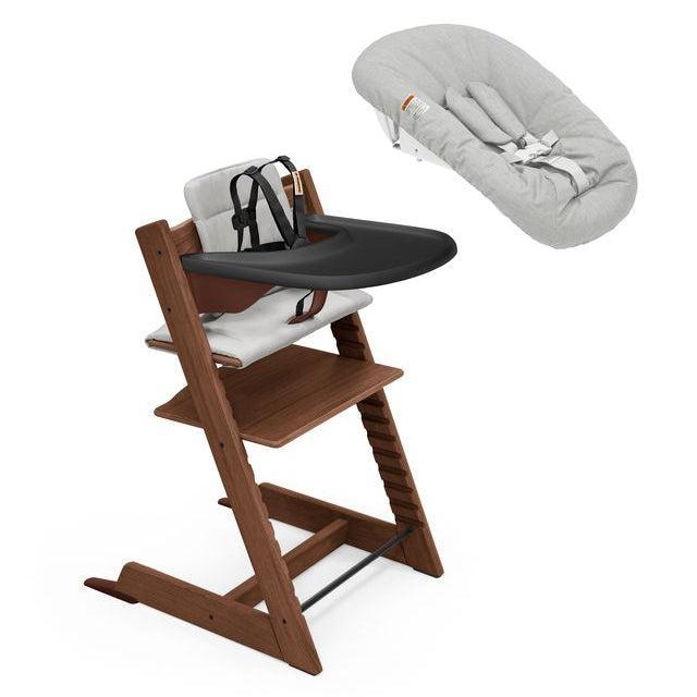 Stokke Tripp Trapp High Chair² with Cushion Tray and Newborn Set, Oak Warm Brown + Anthracite Cushion, Black Tray & Newborn Set