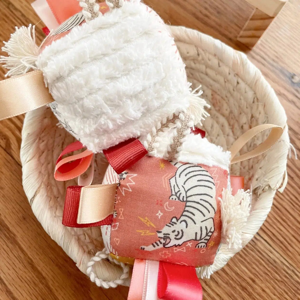 The Bird + Elephant - Handmade Soft Sensory Block - 3" Boho Tiger Floral Fringe-Plush Rattles + Teething Toys-Posh Baby