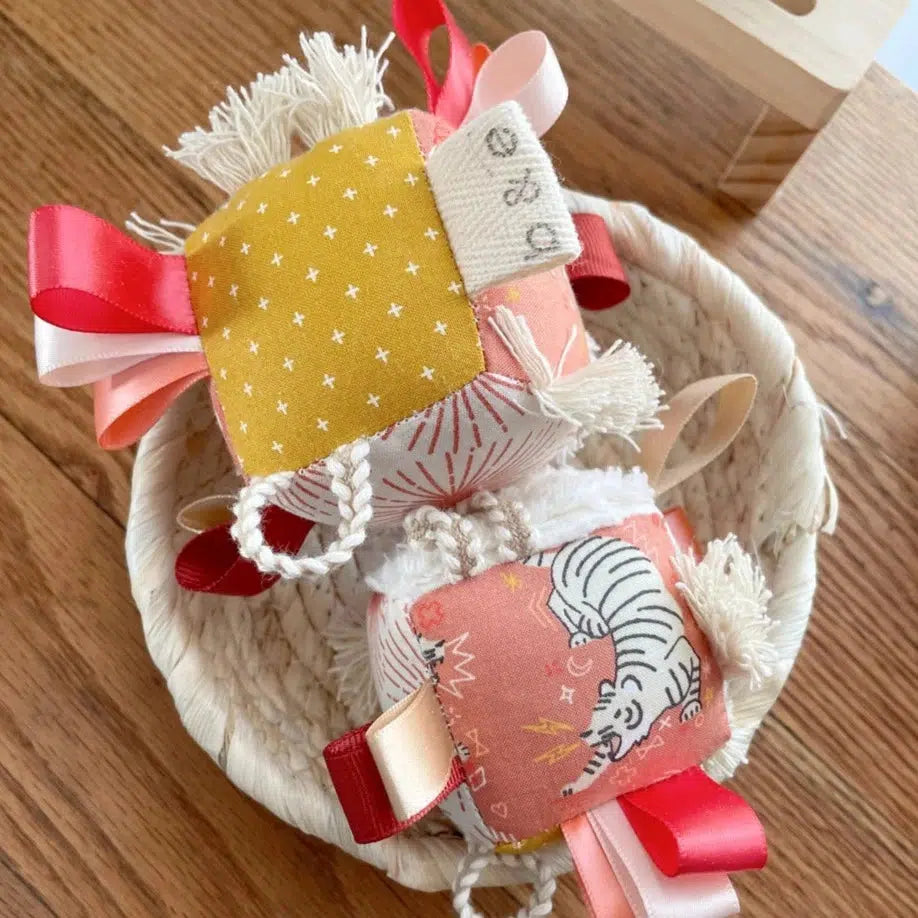 The Bird + Elephant - Handmade Soft Sensory Block - 3" Boho Tiger Floral Fringe-Plush Rattles + Teething Toys-Posh Baby