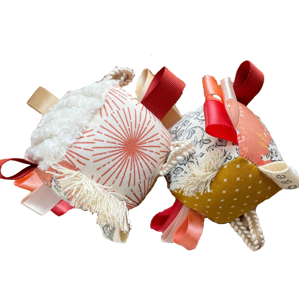 The Bird + Elephant - Handmade Soft Sensory Block - 3" Boho Tiger Floral Fringe-Plush Rattles + Teething Toys-Posh Baby