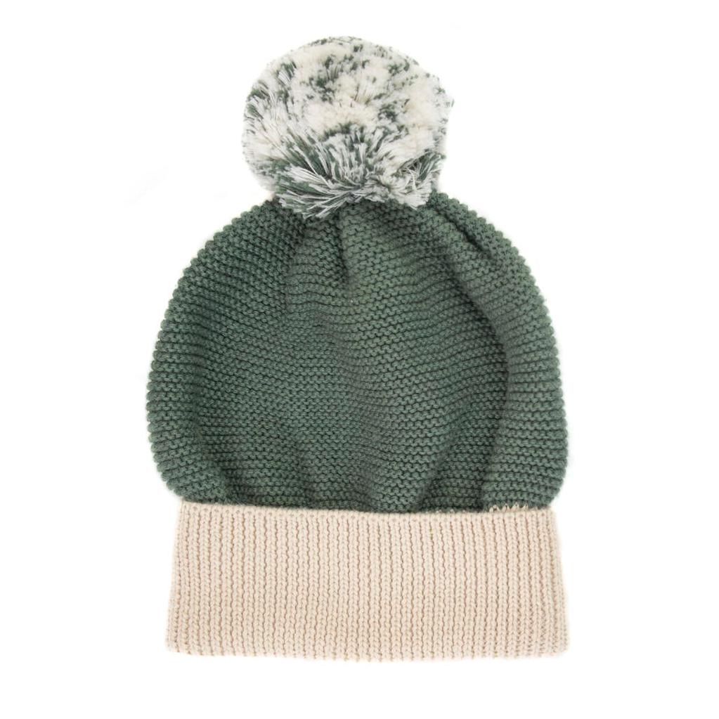 Tun Tun (Peru) - Pima Cotton Pompom Hat - Oatmeal + Forest Green-Hats-6-12M-Posh Baby