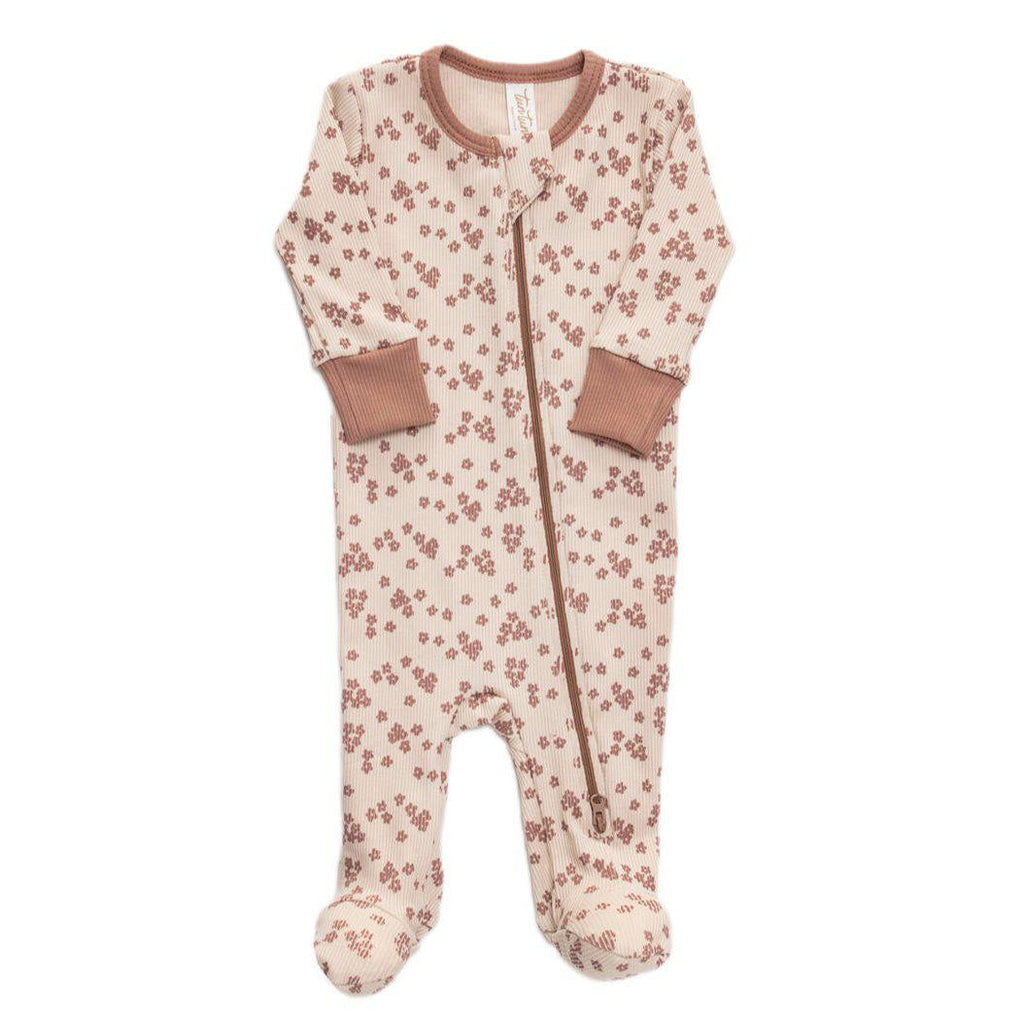 Tun Tun (Peru) - Pima Cotton Ribbed Zipper Footie - Oatmeal Floweret-Footies + Rompers (Basic)-Newborn-Posh Baby