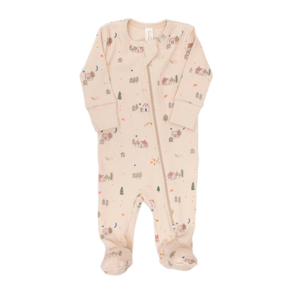 Tun Tun (Peru) - Pima Cotton Ribbed Zipper Footie - Oatmeal Tiny House-Footies + Rompers (Basic)-Newborn-Posh Baby