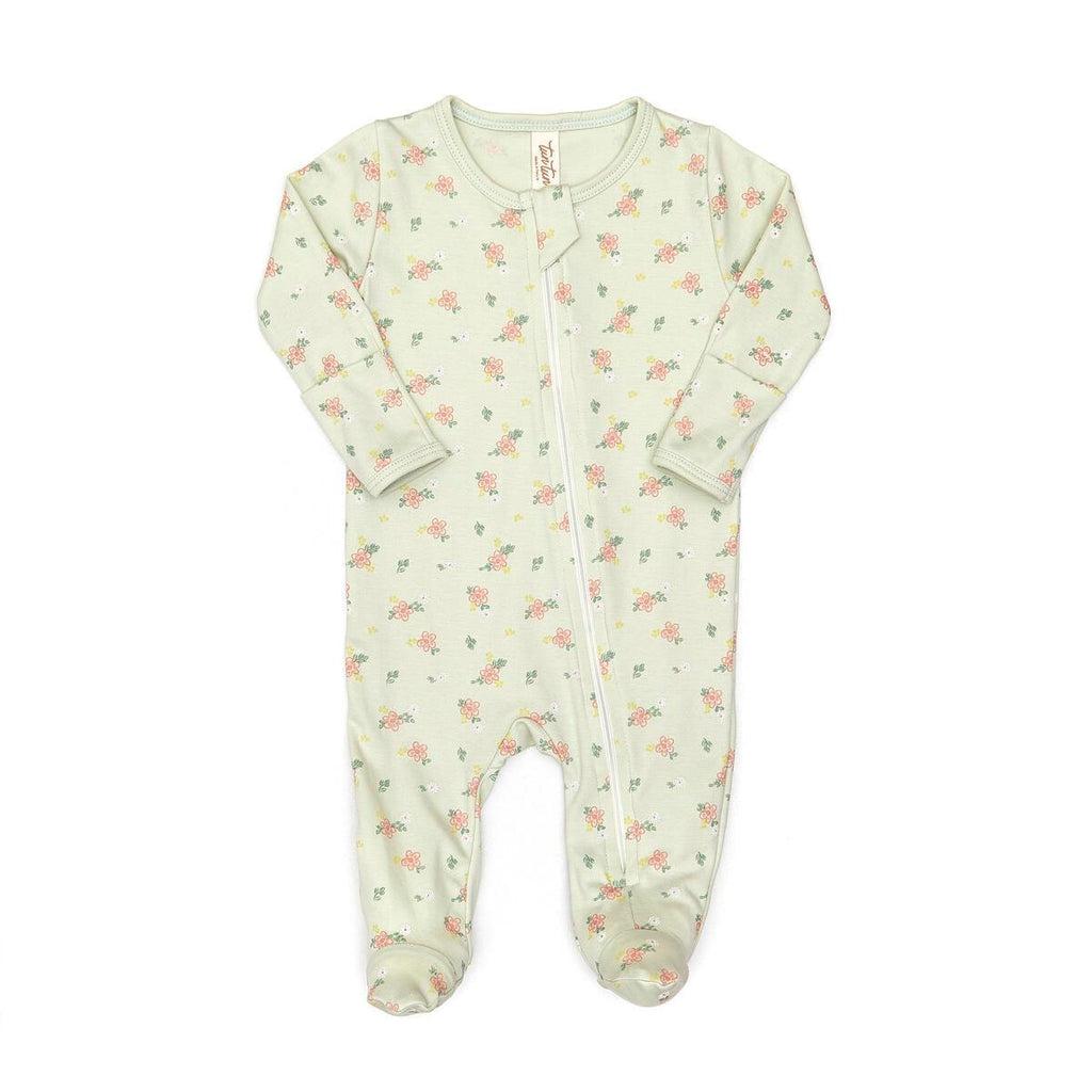 Tun Tun (Peru) - Pima Cotton Zipper Footie - Green Flowers-Footies + Rompers (Basic)-6-9M-Posh Baby