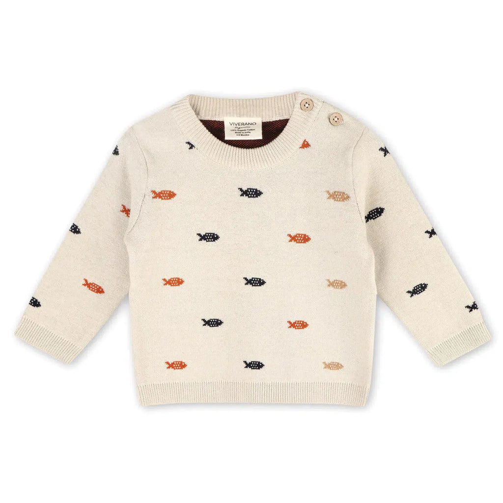 Viverano - Organic Cotton Jacquard Knit Sweater - Fishes-Sweaters + Cardigans + Jackets-0-3M-Posh Baby