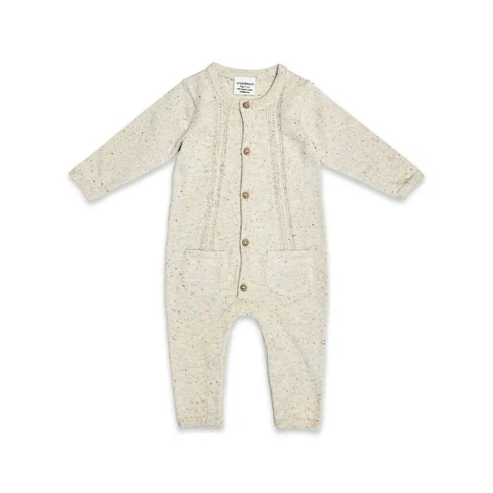 Viverano - Organic Cotton Pointelle Knit Jumpsuit - Oatmeal Speckle-Footies + Rompers (Fashion)-0-3M-Posh Baby